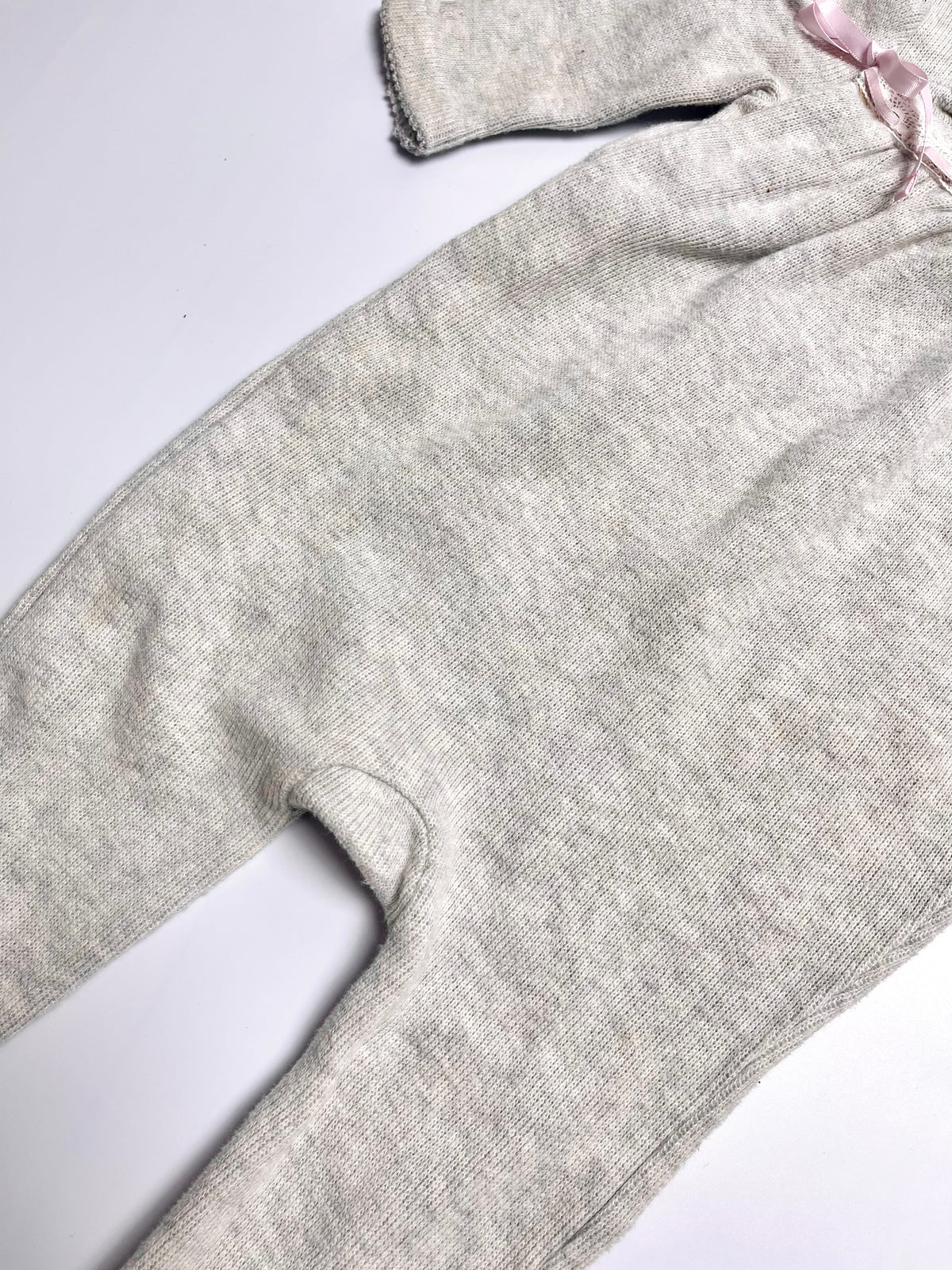 Ralph Lauren Oatmeal Hooded Footed Romper with Pink Ribbon Detail