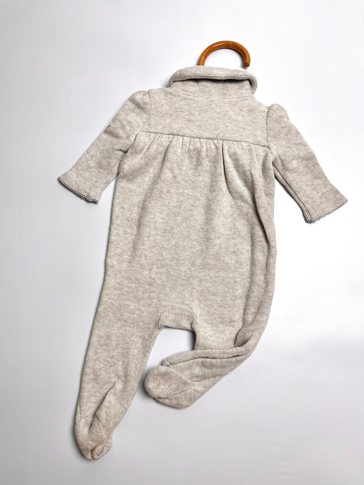 Ralph Lauren Oatmeal Hooded Footed Romper with Pink Ribbon Detail