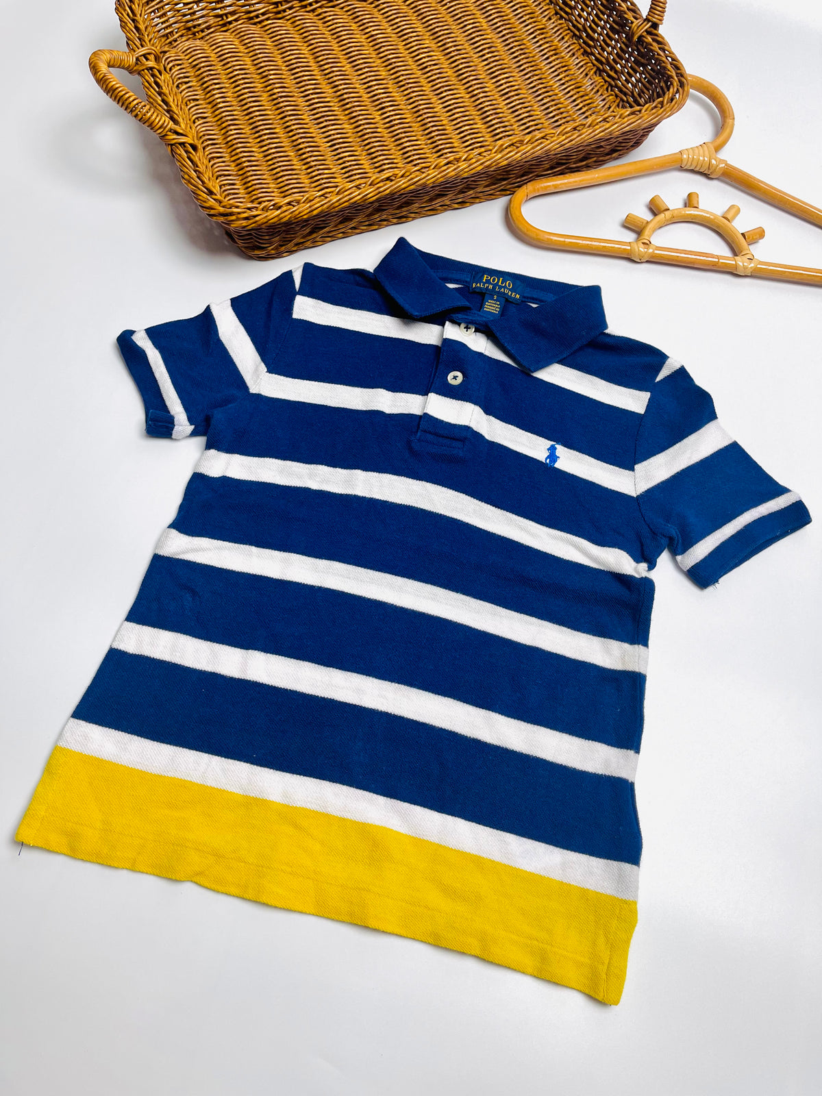 Ralph Lauren Navy & White Stripe Polo with Yellow Hem