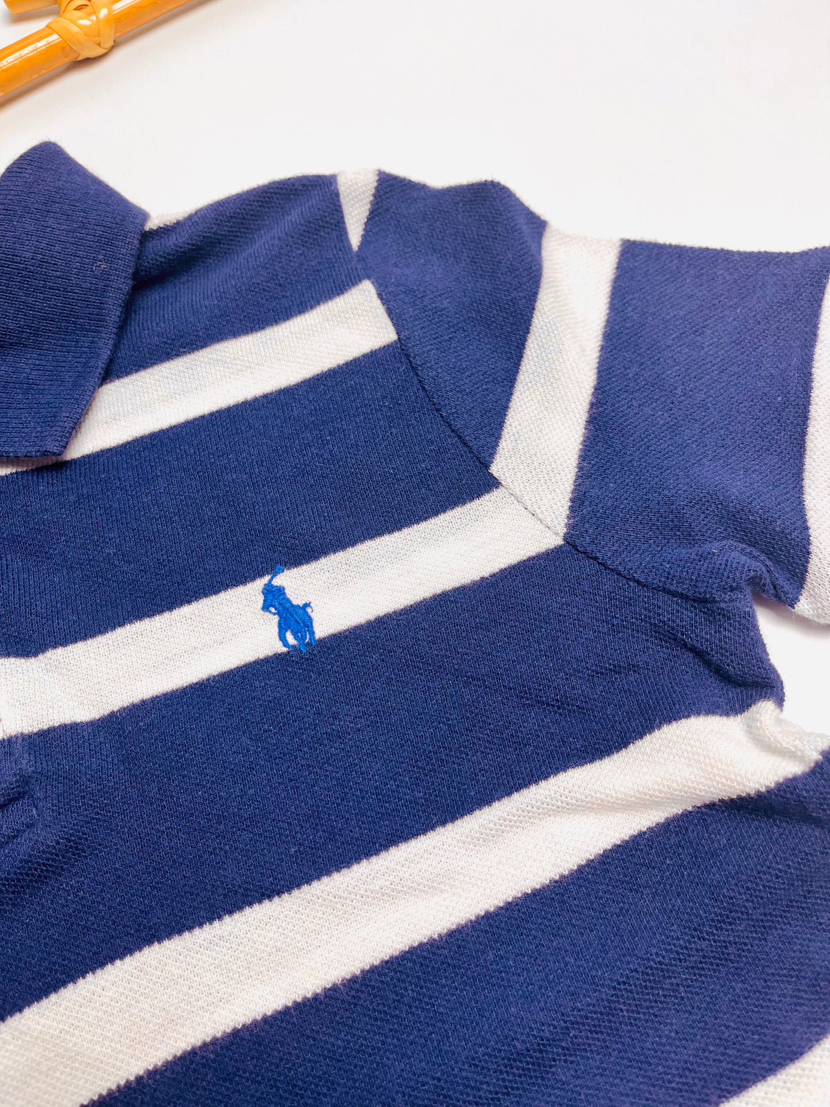 Ralph Lauren Navy & White Stripe Polo with Yellow Hem