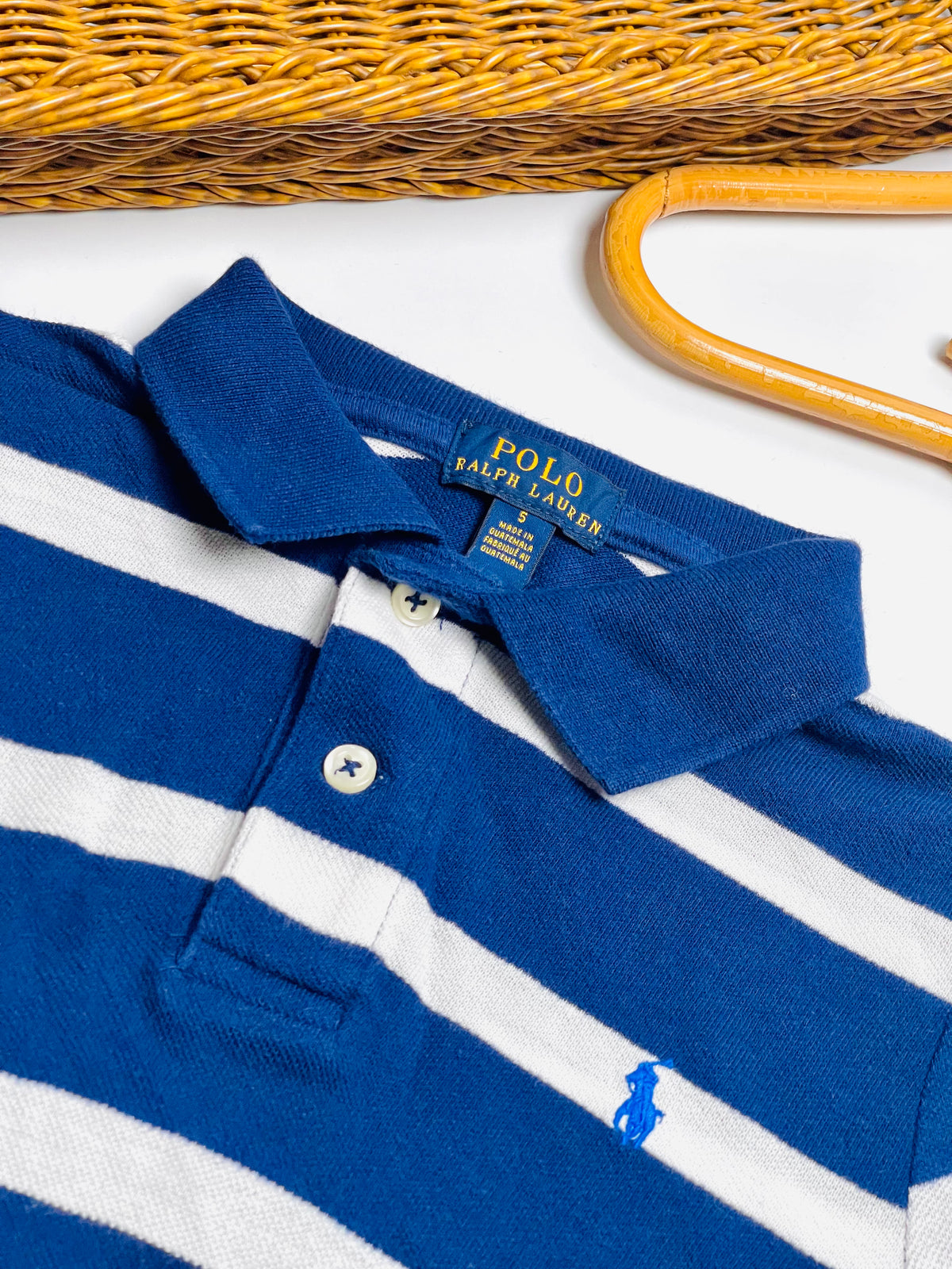 Ralph Lauren Navy & White Stripe Polo with Yellow Hem