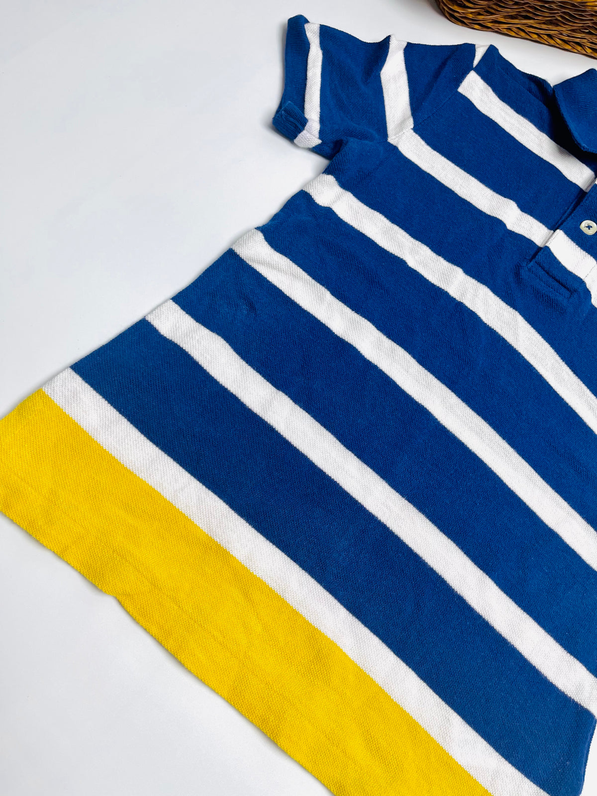 Ralph Lauren Navy & White Stripe Polo with Yellow Hem